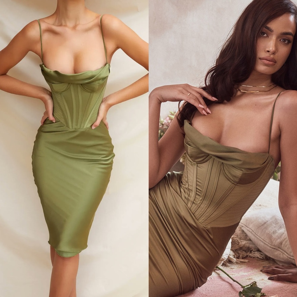 HOUSE OF CB 'Myrna' Olive Corset Slip Dress - Picture 2 of 12